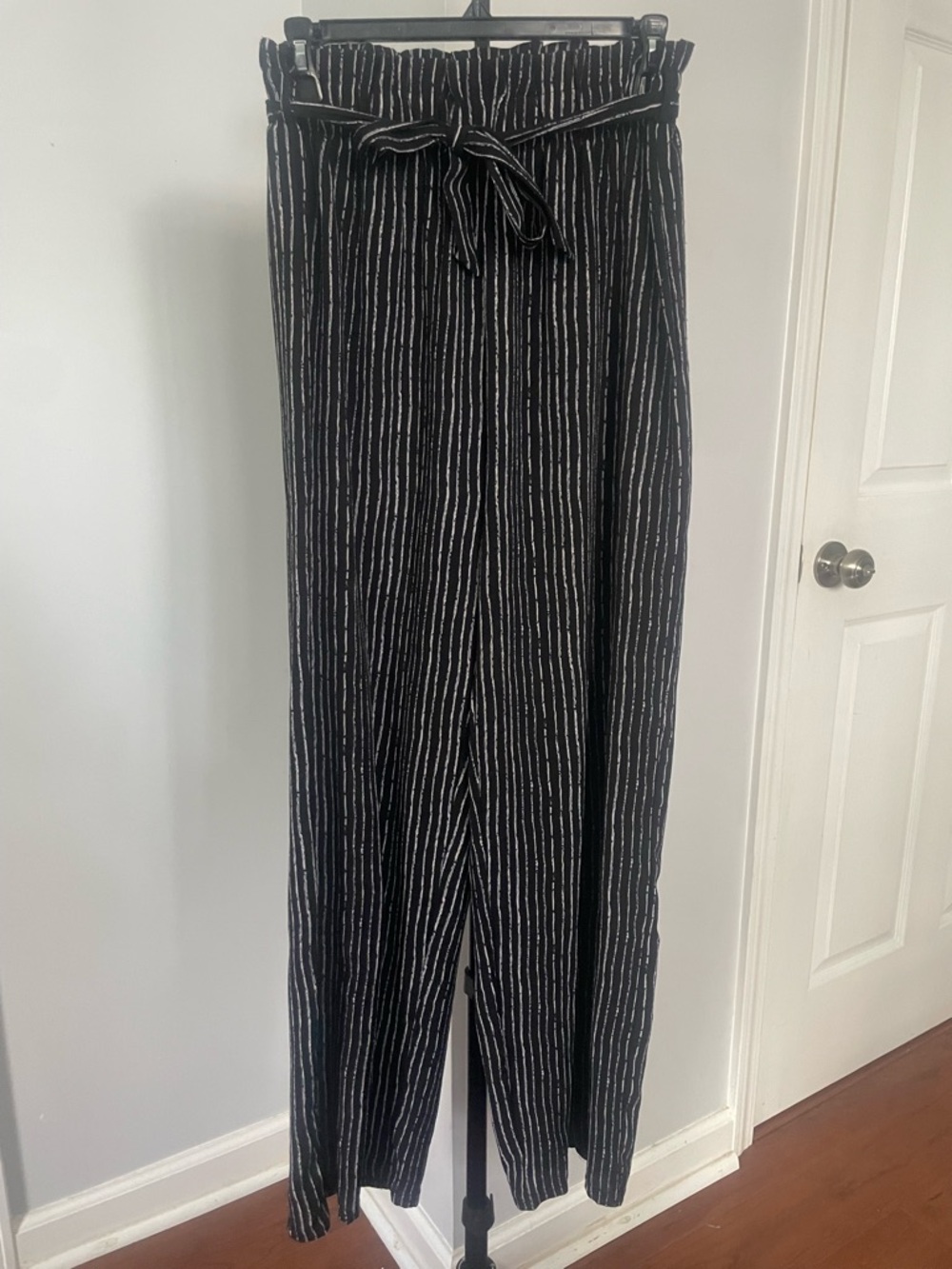 High-Rise Paperbag Waist Black Stripe Wide-Leg Pants